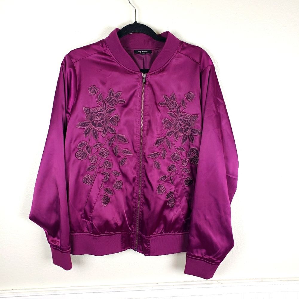 Torrid Purple Bomber Jacket with Floral Embroidery